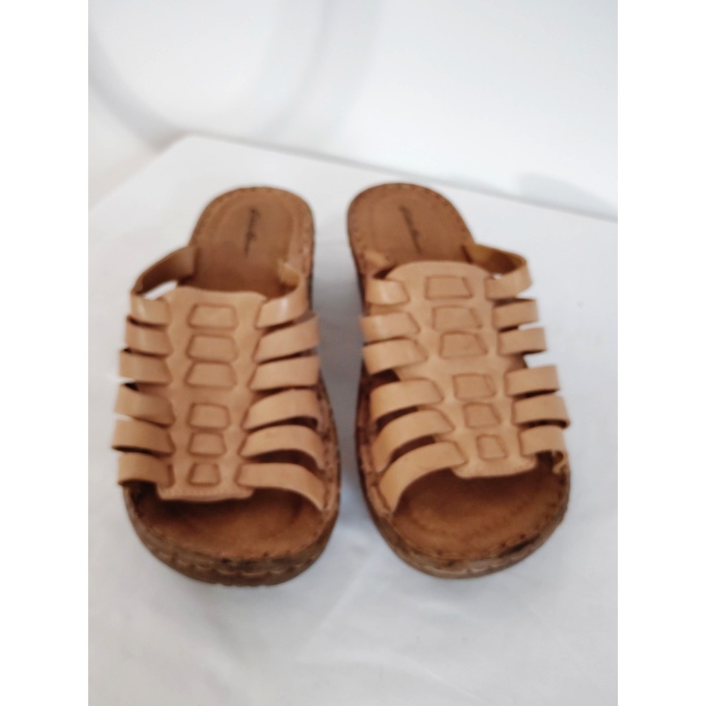 Eddie Bauer Women 9 Tan Leather Woven Slide Beach Sandal Casual Comfort Cork EUC